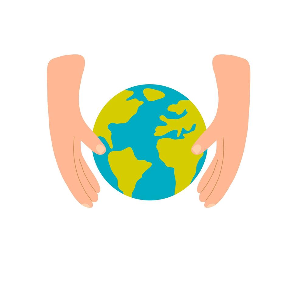 ilustração vetorial com as mãos e o planeta Terra no estilo desenhado à mão dos desenhos animados. conceito de salvar o planeta, dia da terra, salvar o mundo, ecologia e meio ambiente vetor