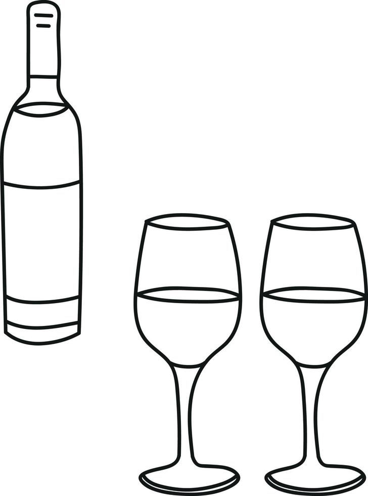 desenho de uma garrafa com vinho e copos em estilo doodle vetor
