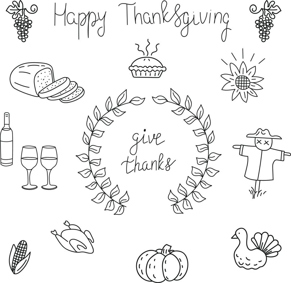 Ação de Graças doodles peru e torta na mesa de férias vetor