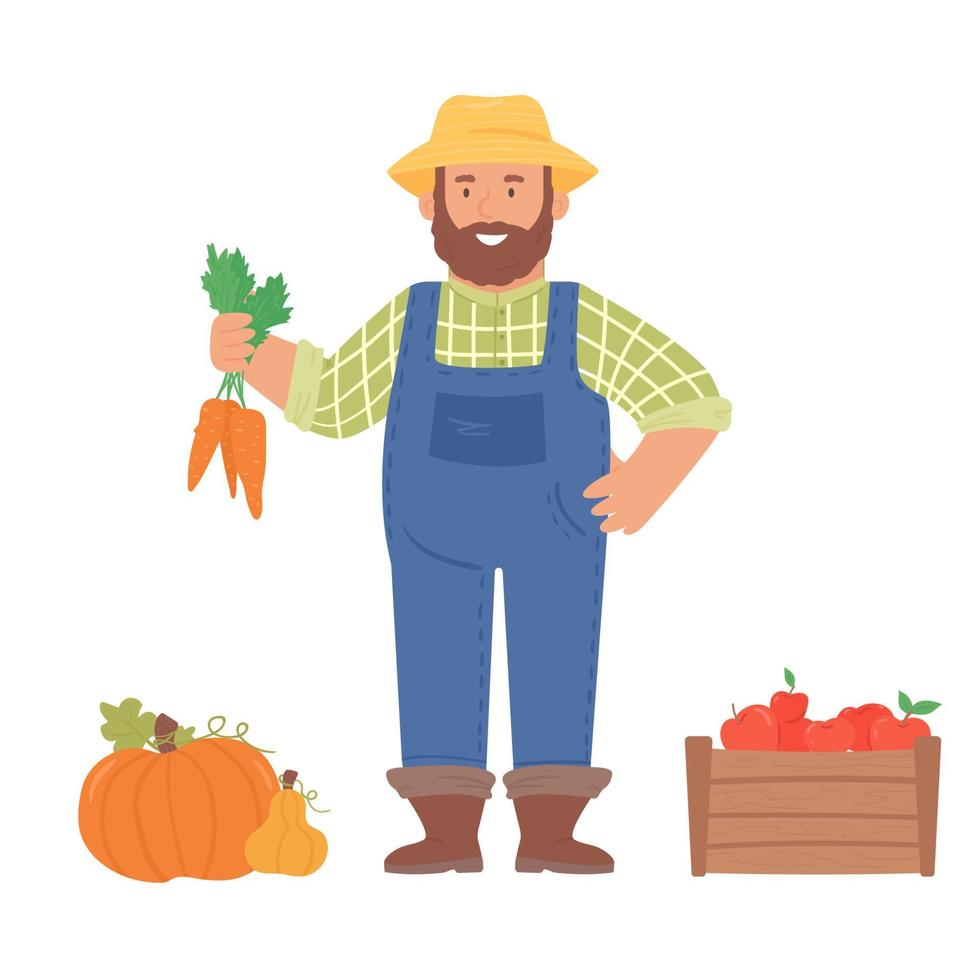 agricultor com colheita de legumes e frutas. abóboras, maçãs, cenouras. vetor
