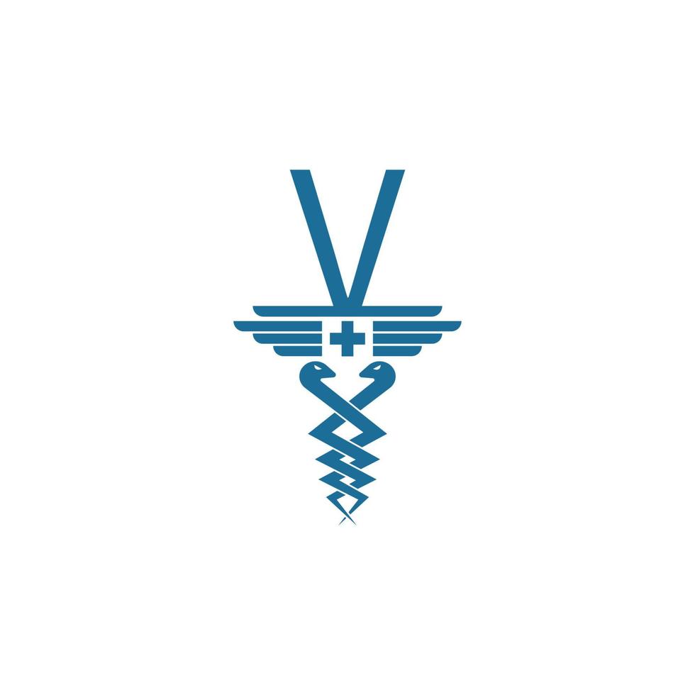 letra v com vetor de design de logotipo de ícone de caduceu