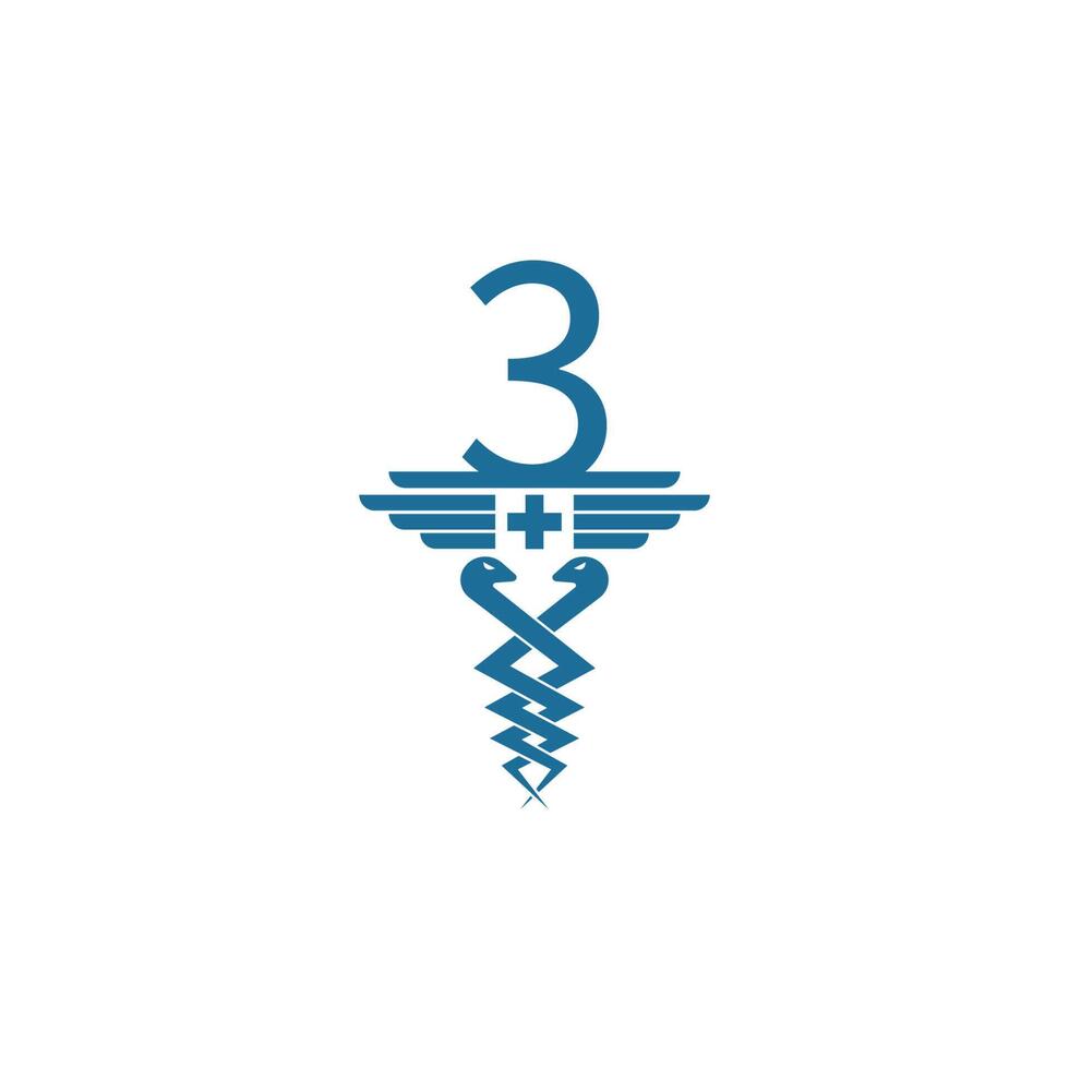 número 3 com vetor de design de logotipo de ícone de caduceu