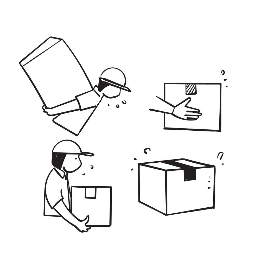 entregador de doodle desenhado à mão levanta e envia a ilustração do pacote vetor