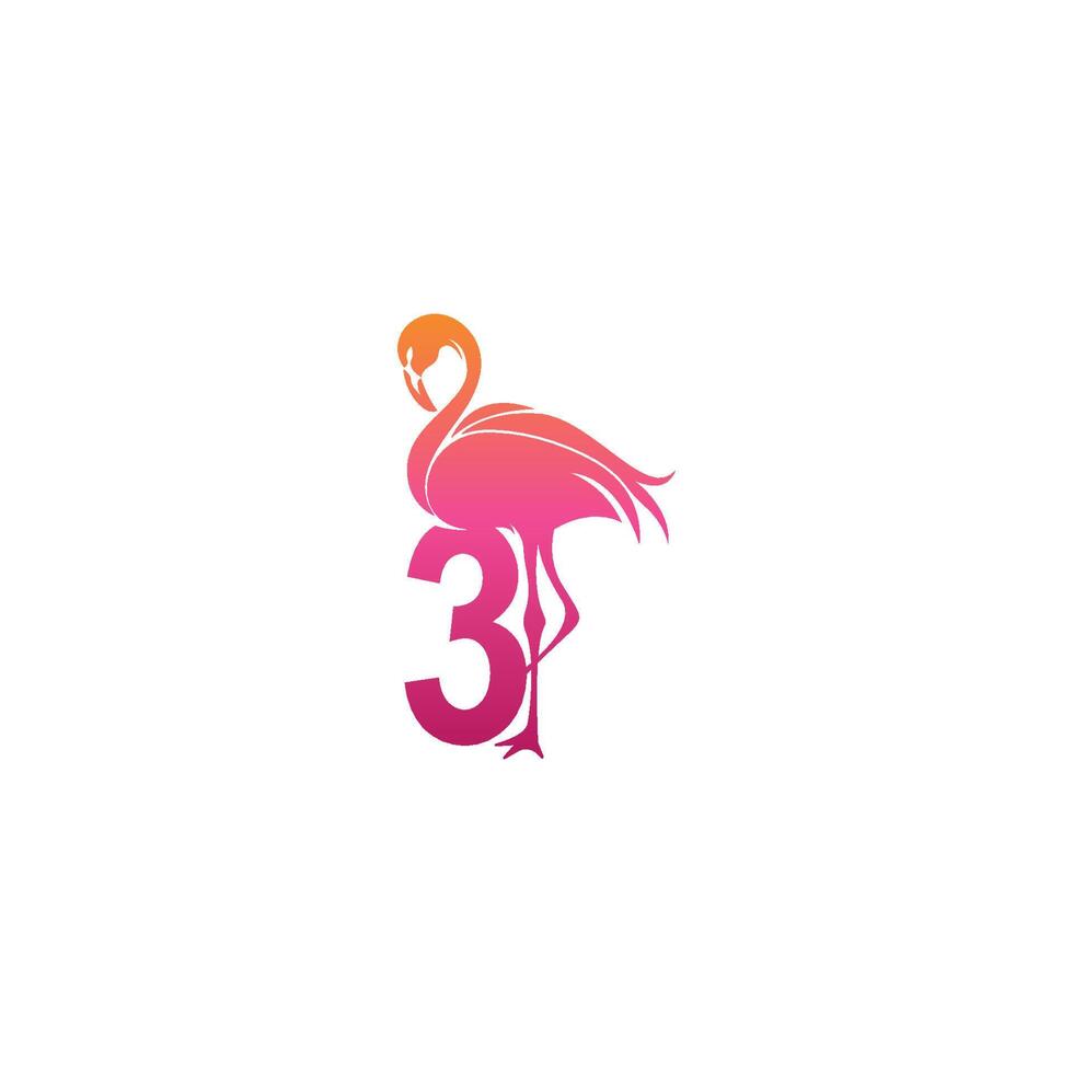 ícone de pássaro flamingo com vetor de design de logotipo número 3