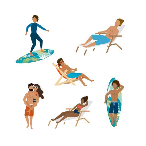 Conjunto de homens e mulheres surfando e sentado na cadeira de praia vetor