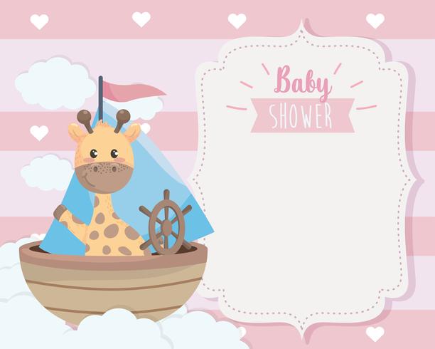 Cartão de chuveiro de bebê com girafa no barco vetor