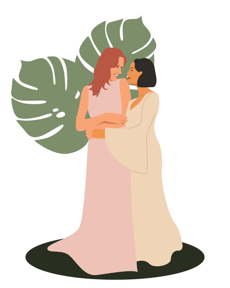 casamento de duas mulheres lésbicas em vestido de noiva em um fundo de palmeiras. amor livre. vetor
