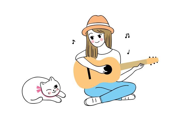 mulher tocando violão e gato vetor