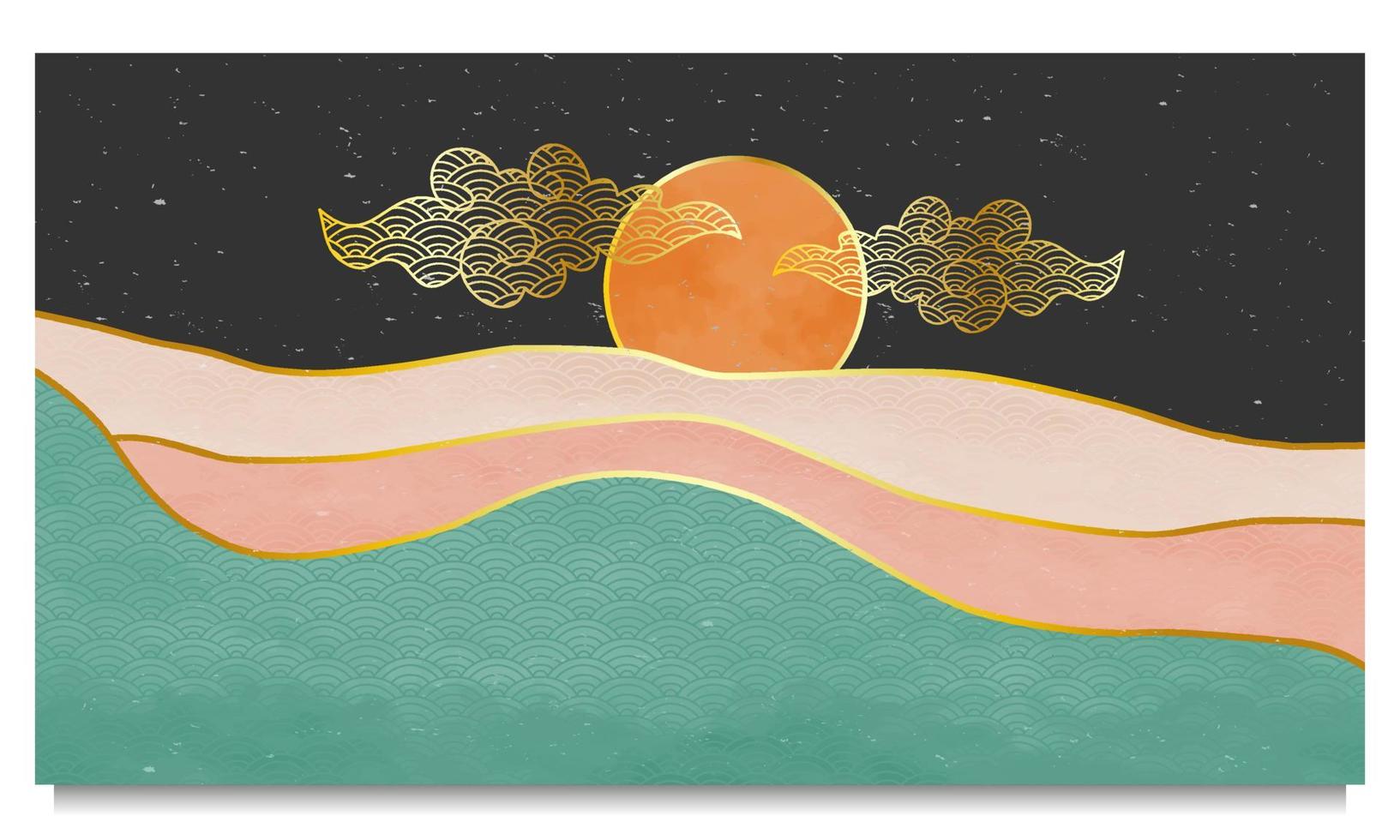 conjunto de minimalista moderno de meados do século. natureza abstrata, mar, céu, lua, cartaz de paisagem de montanha rochosa. fundo de paisagem geométrica em estilo japonês. ilustração vetorial vetor