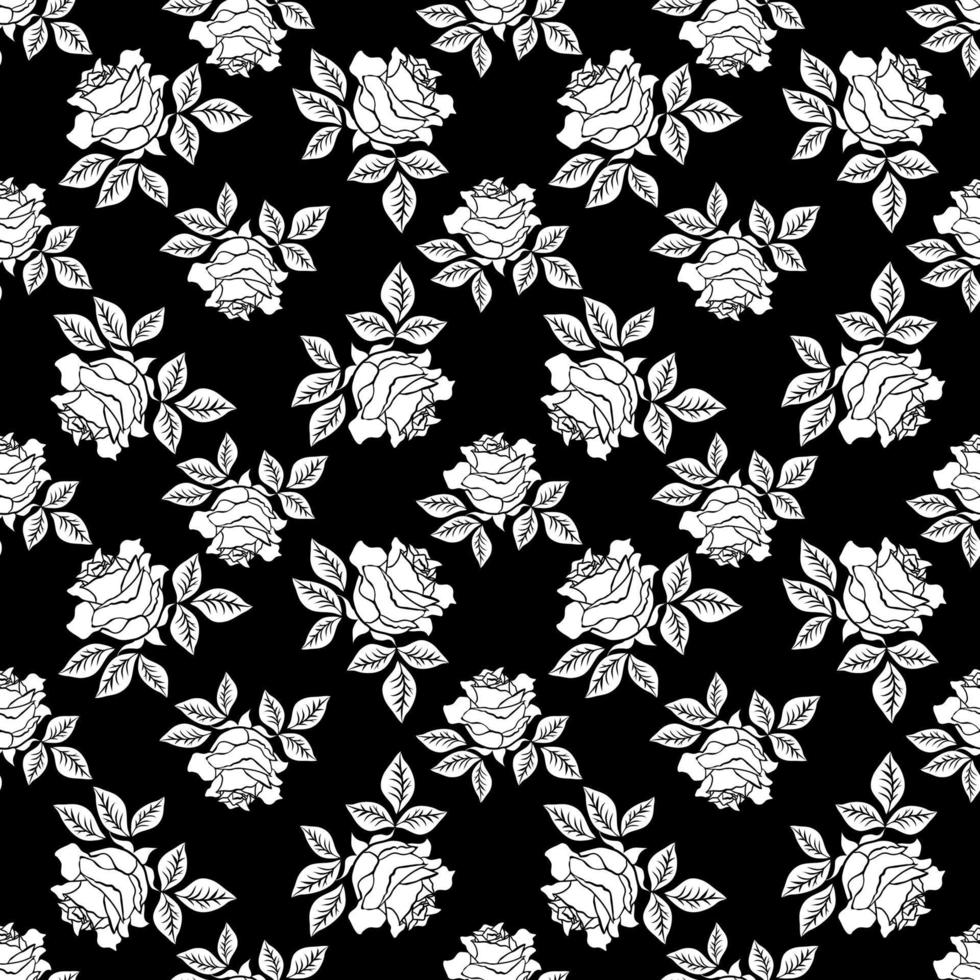 padrão sem emenda com rosas brancas em um fundo preto. vetor