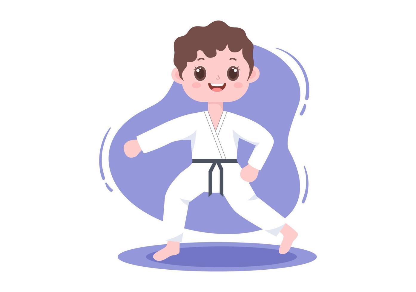 crianças bonitas dos desenhos animados fazendo alguns movimentos básicos de artes marciais de karatê, pose de luta e vestindo quimono em ilustração vetorial de fundo de estilo plano vetor