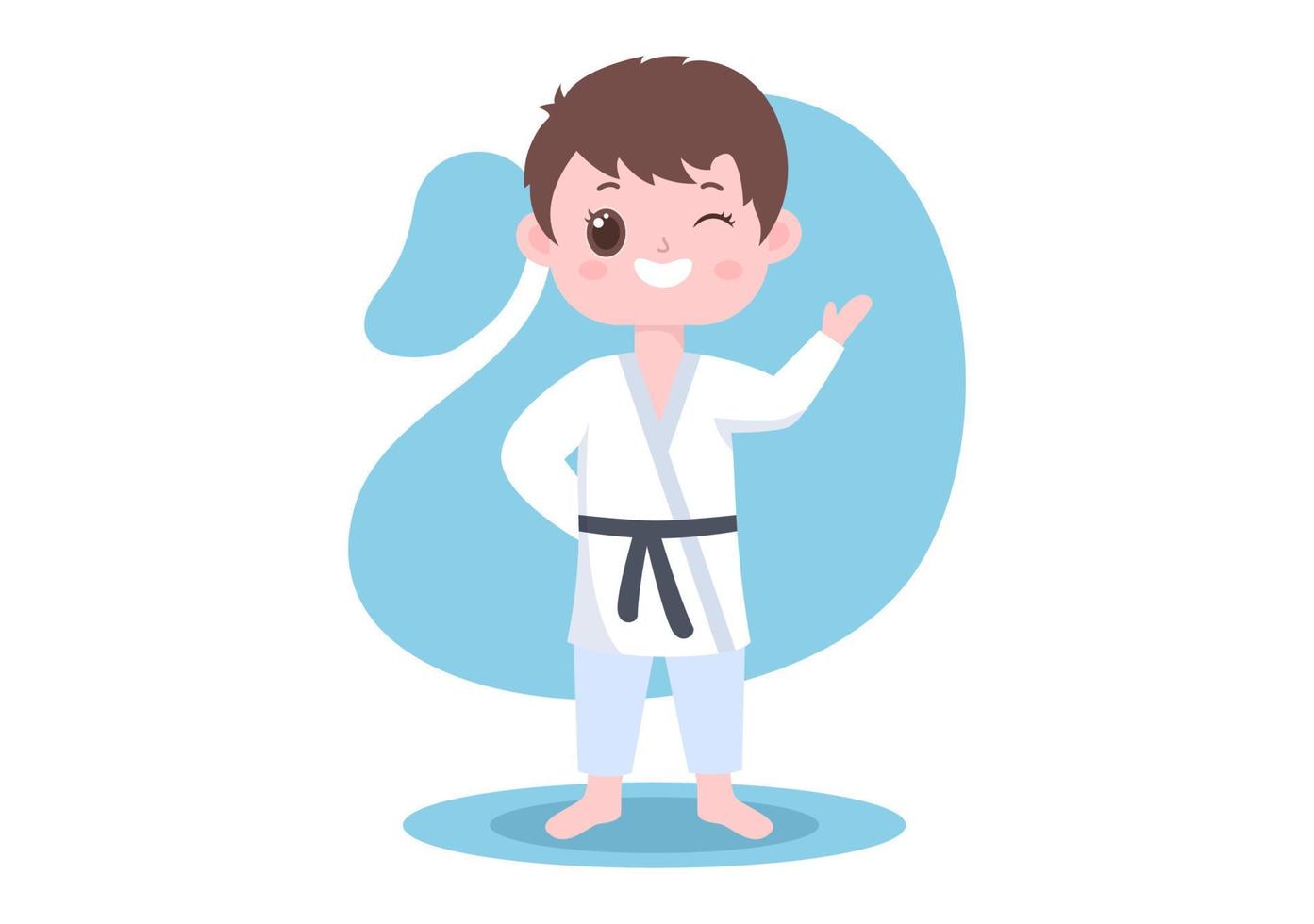 crianças bonitas dos desenhos animados fazendo alguns movimentos básicos de artes marciais de karatê, pose de luta e vestindo quimono em ilustração vetorial de fundo de estilo plano vetor