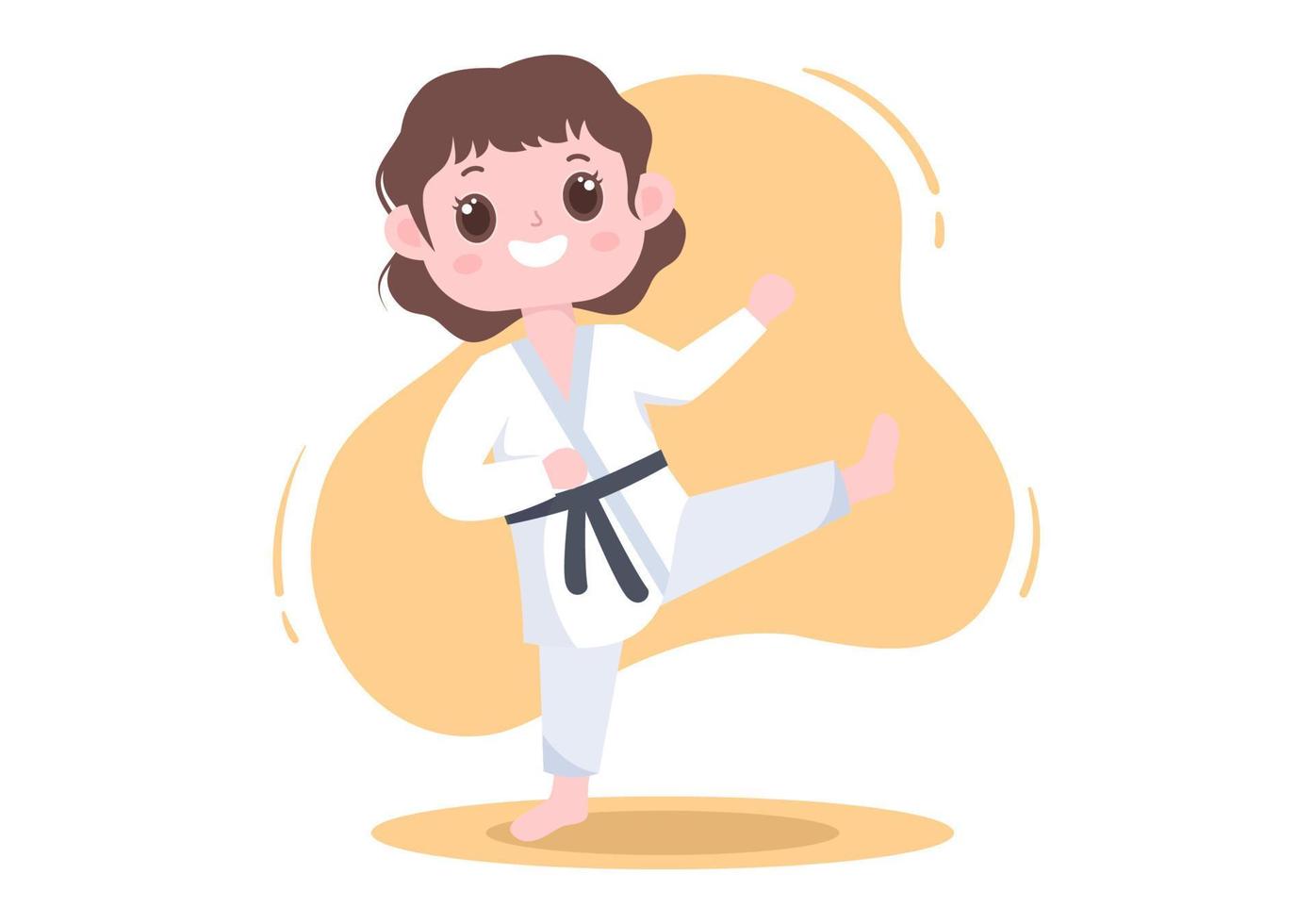 crianças bonitas dos desenhos animados fazendo alguns movimentos básicos de artes marciais de karatê, pose de luta e vestindo quimono em ilustração vetorial de fundo de estilo plano vetor