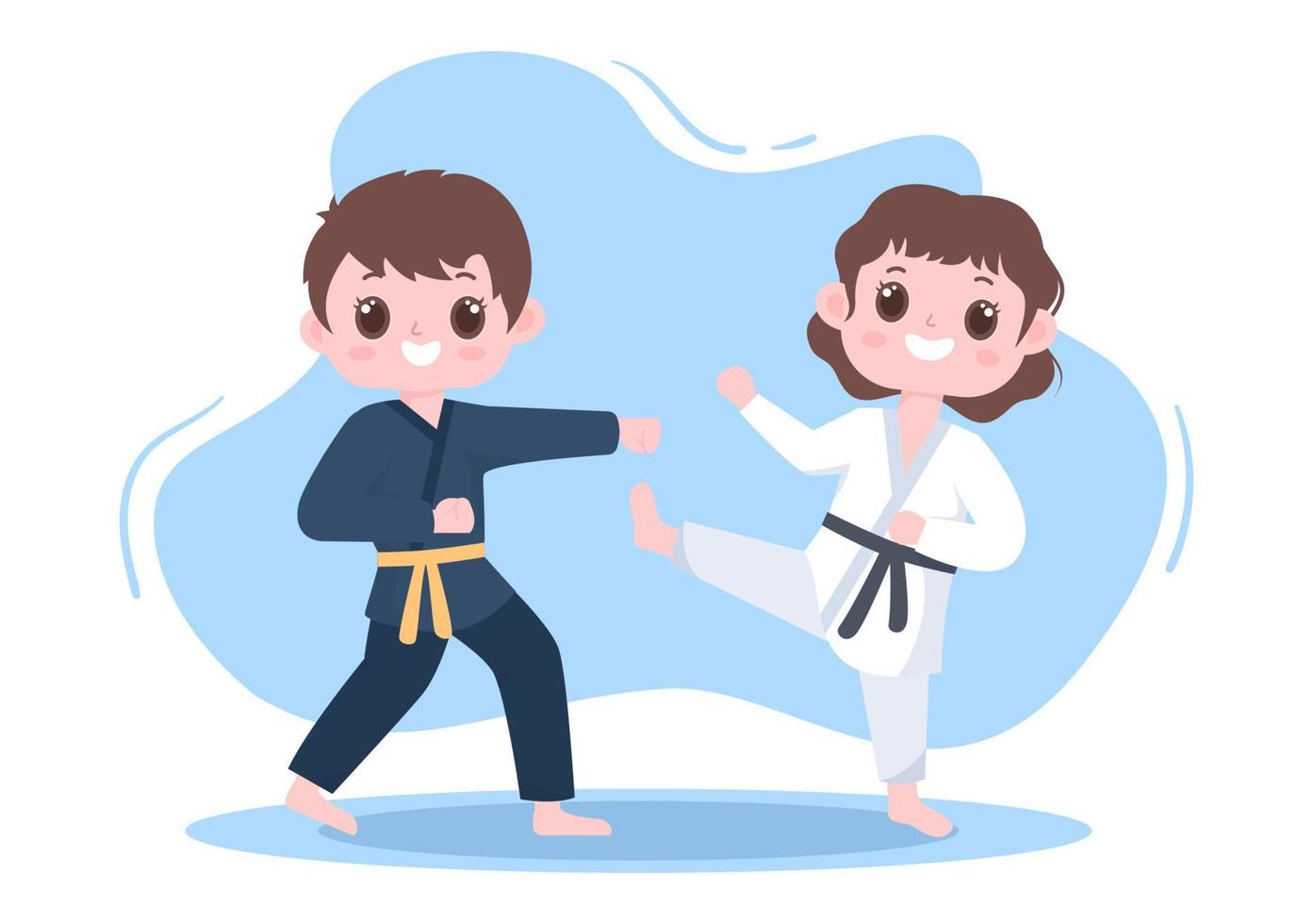 crianças bonitas dos desenhos animados fazendo alguns movimentos básicos de artes marciais de karatê, pose de luta e vestindo quimono em ilustração vetorial de fundo de estilo plano vetor