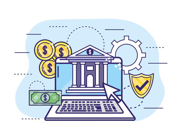 laptop com moedas e escudo para serviços bancários online vetor