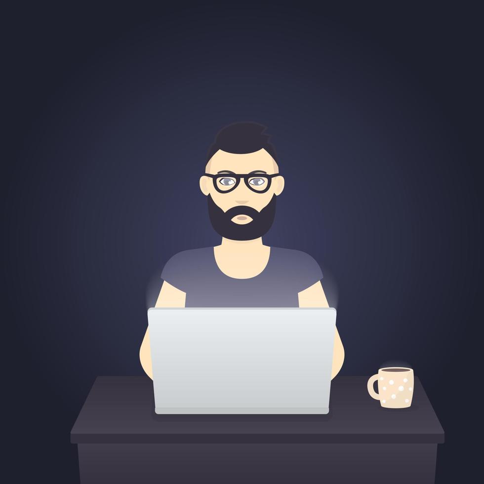 freelancer trabalhando no laptop no quarto escuro, homem barbudo usando óculos tarde no trabalho, ilustração vetorial vetor