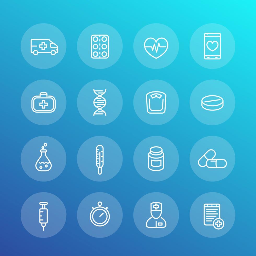 conjunto de ícones de linha de medicamentos, saúde, farmacêutica, medicamentos, kit de primeiros socorros, ambulância, terapia, termômetro, seringa vetor