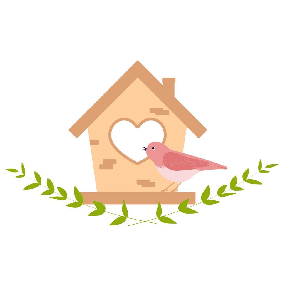 pássaro rosa nas casas de pássaros. ilustração vetorial de primavera. Isolado em um fundo branco. animal de penas bonito em sua casa. vetor