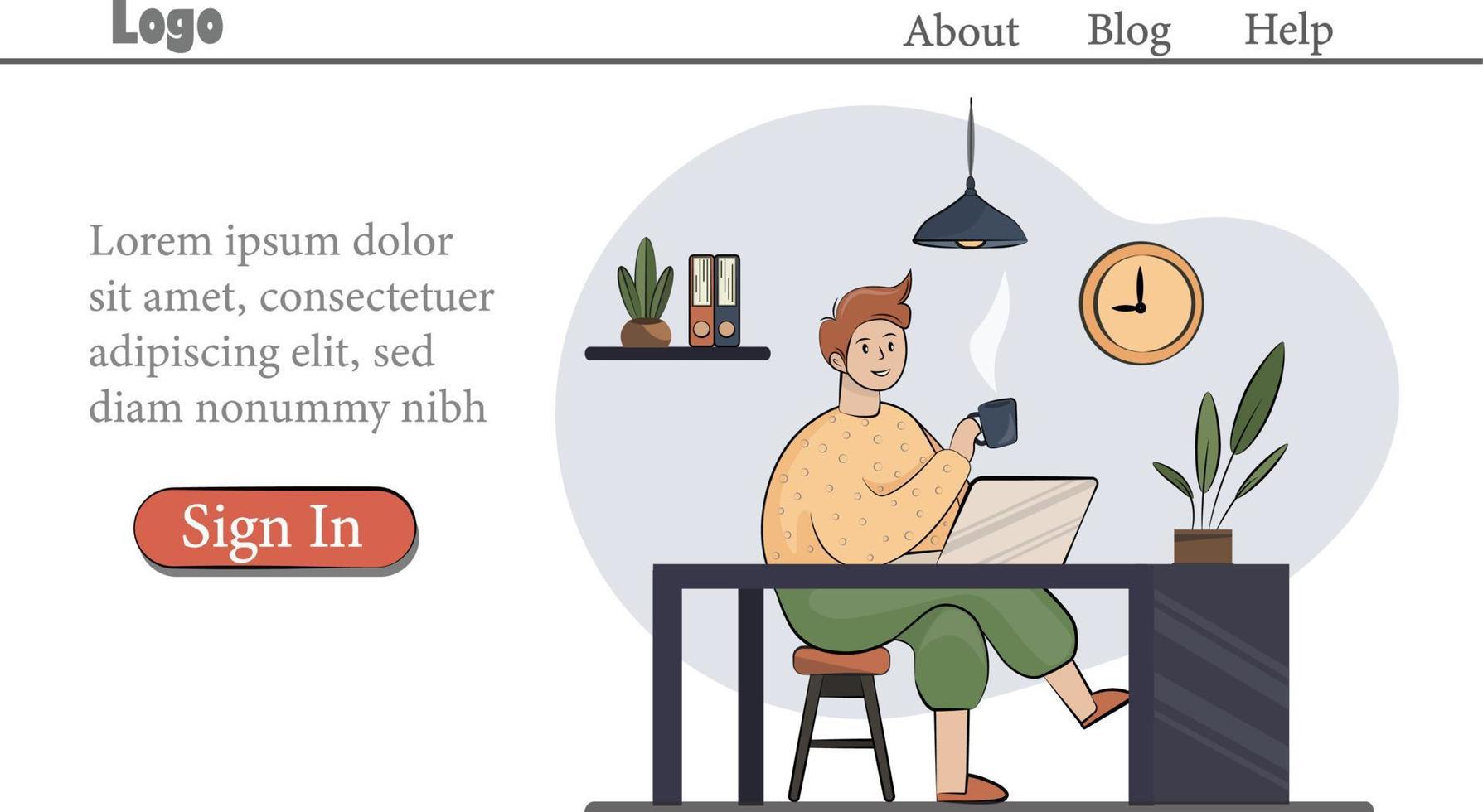 cara jovem fica em casa trabalhando freelance, quarentena, pandemia, página de home office para botão de conta de login de blog isolado em fundo branco ilustração vetorial de estoque vetor