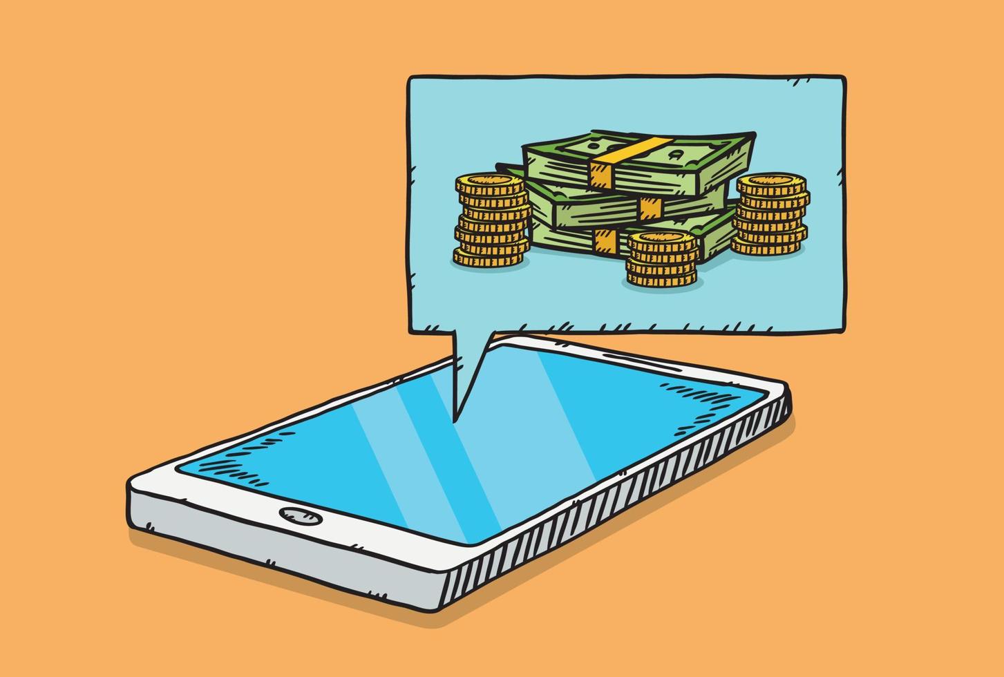 desenho estilo doodle ilustração de pilha de dinheiro com moedas mostrando na bolha de quadrinhos da tela do celular vetor