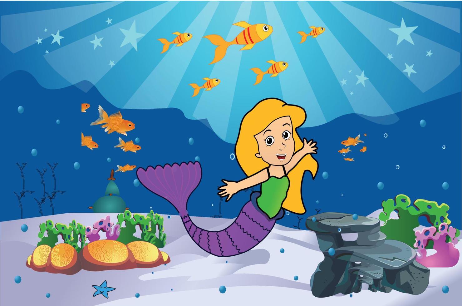 sereia debaixo d'água com peixinho dourado, estrelas, ilustração vetorial de bolhas de água. vetor