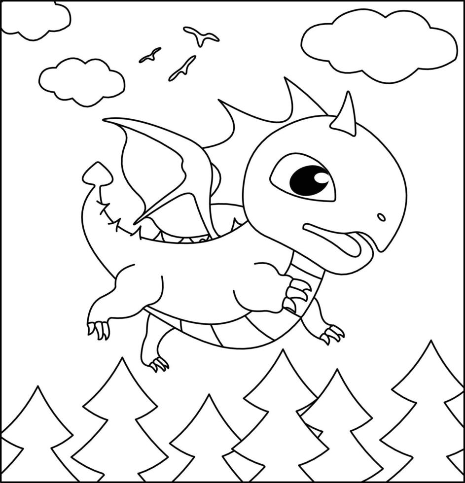 dragão para colorir página 17. dragão bonito com natureza, grama verde, árvores no fundo, vetor preto e branco para colorir.