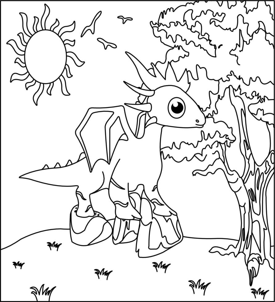 dragão para colorir 4. dragão bonito com natureza, grama verde, árvores no fundo, vetor preto e branco para colorir.