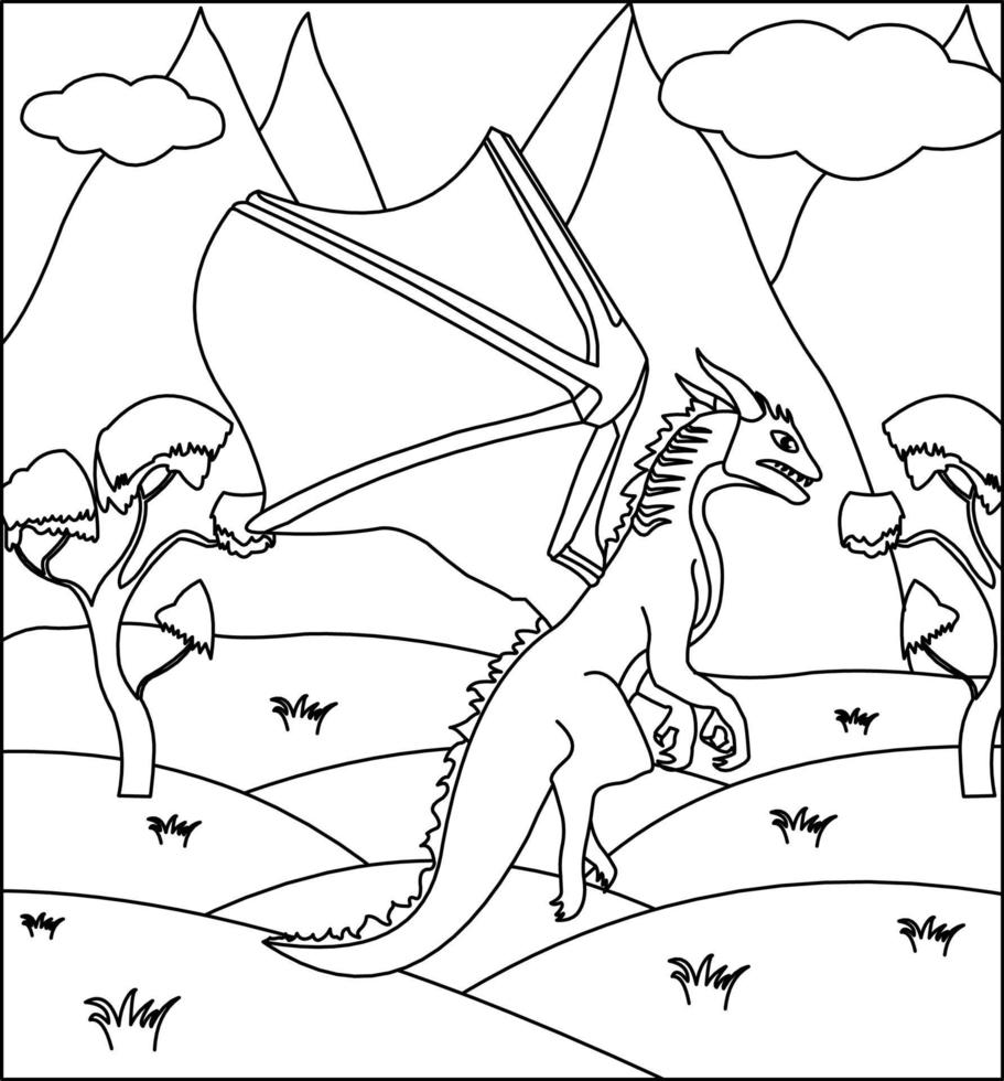 dragão para colorir 2. dragão bonito com natureza, grama verde, árvores no fundo, vetor preto e branco para colorir.