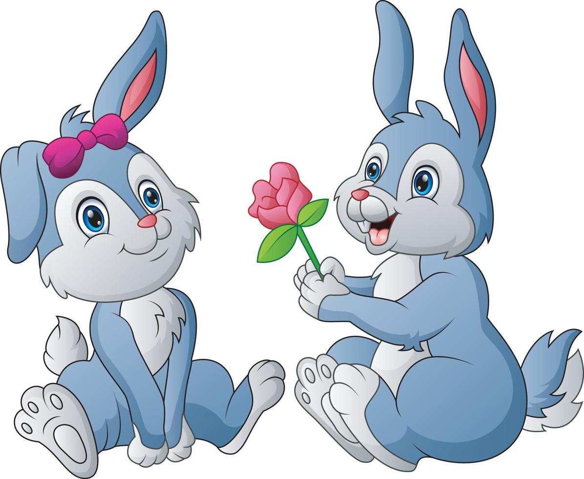 fofo um casal de coelho dá sua amada flor vetor