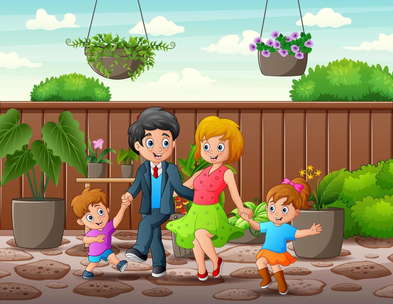 alegre a família em uma ilustração de jardim vetor