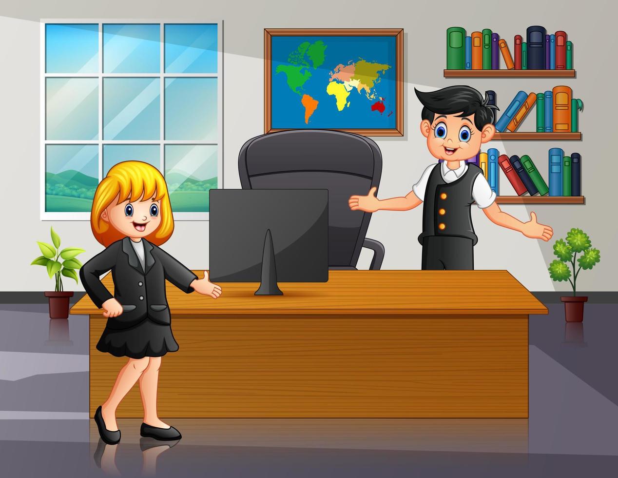 funcionários masculinos e femininos em sua ilustração de escritório vetor