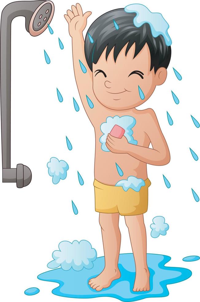 menino engraçado tomando banho com chuveiro vetor