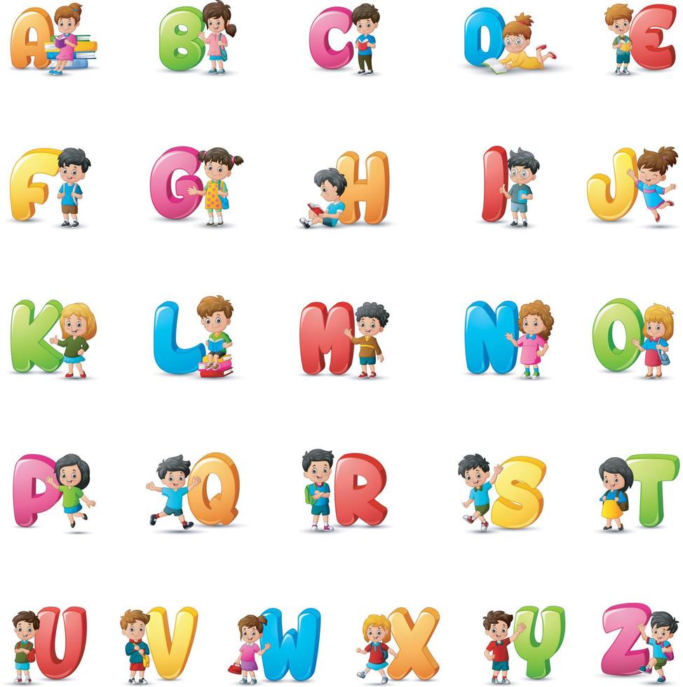 alfabeto colorido dos desenhos animados com crianças felizes vetor