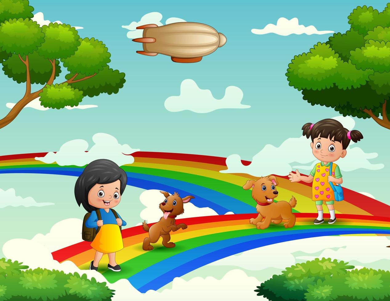 garotas bonitas dos desenhos animados andando com seus animais de estimação no arco-íris vetor