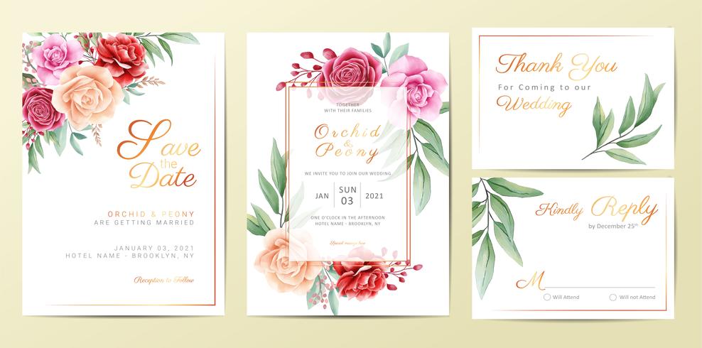 Conjunto de modelo de cartões de convite de casamento floral dourado elegante vetor