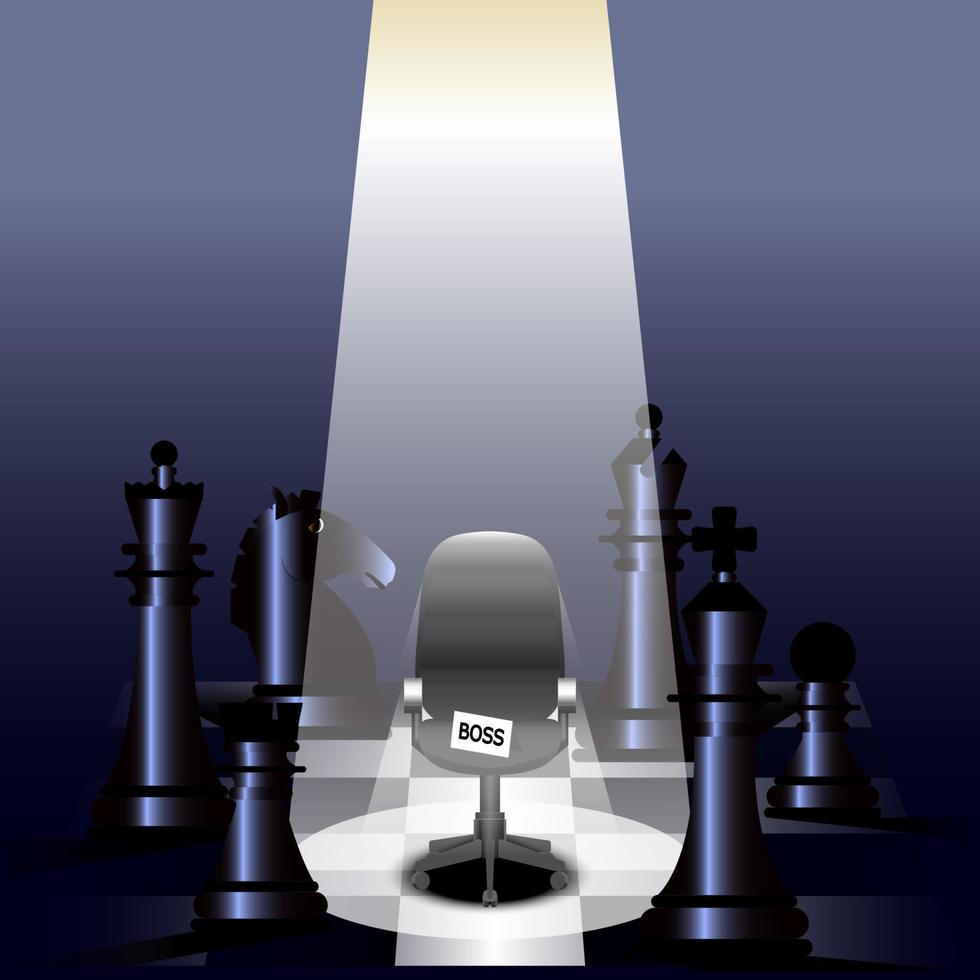 luz brilhando, cadeira de chefe vazia, todo xadrez em um tabuleiro de xadrez, ilustrador vetorial vetor