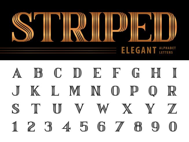 Alfabeto elegante listrado letras e números vetor