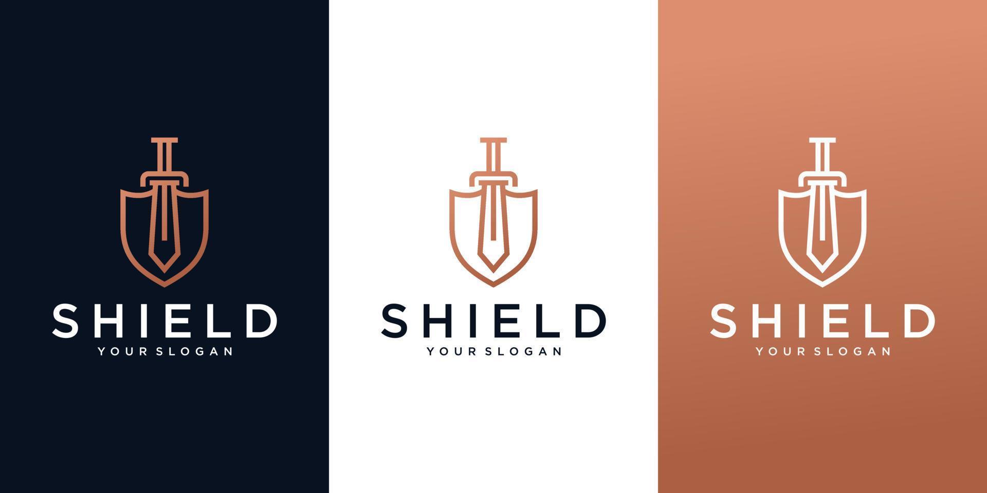 conceito de design de logotipo de escudo elegante, símbolo do guardião, modelo de logotipo de escudo e espada vetor