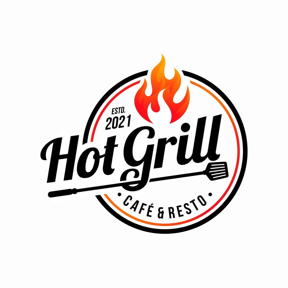 logotipo de churrasco grelhado vintage, vetor de churrasco retrô, ícone de comida e restaurante de grelha de fogo, ícone de fogo vermelho