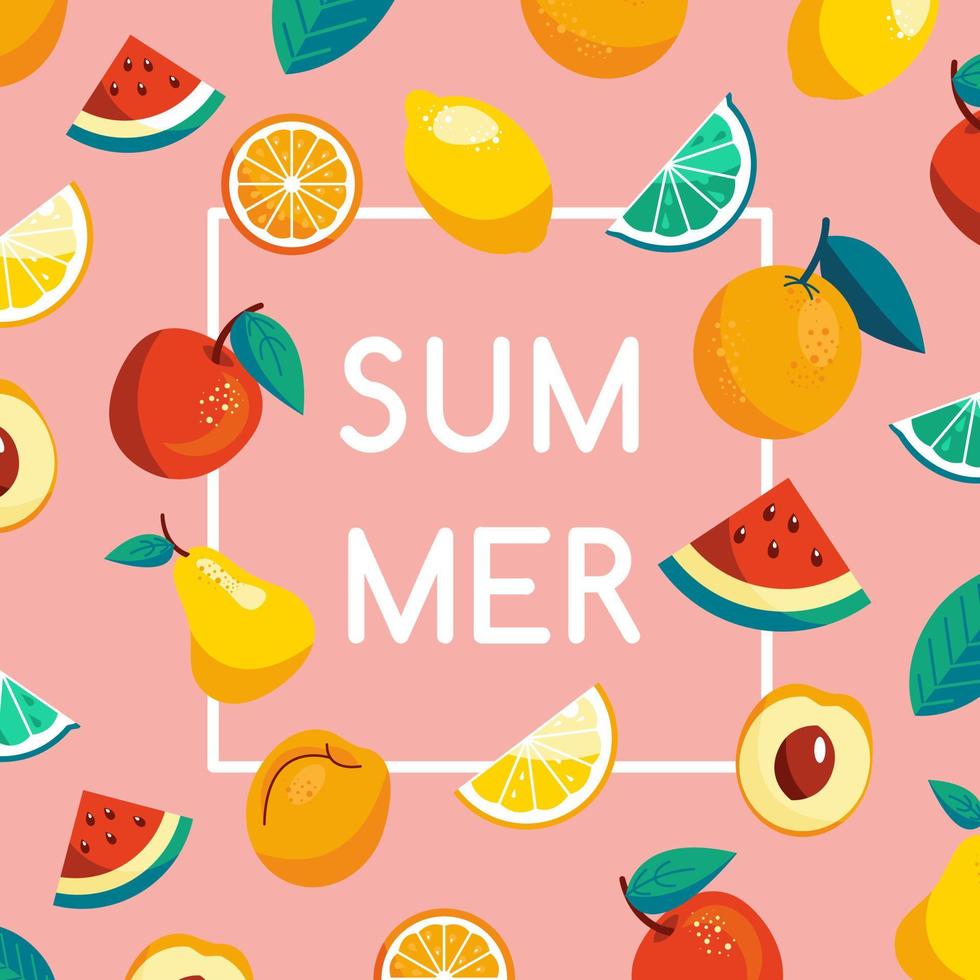 banner de venda de verão com fatias de frutas maduras, design brilhante vetor