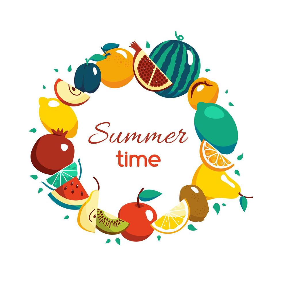 frutas orgânicas vetor círculo fundo modelo de comida de verão saudável para design, banner web e materiais impressos.