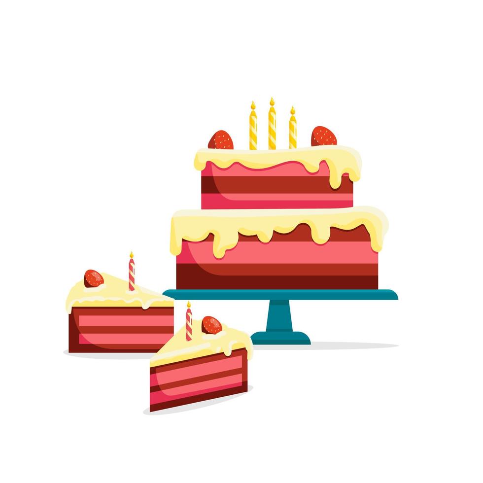 bolo de aniversário, fatia inteira e cortada. ilustração vetorial isolado. ícones de comida saborosa de padaria. ilustração vetorial em fundo branco vetor