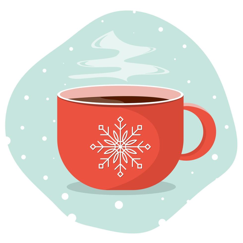 xícara vermelha de chá quente ou café com floco de neve. ilustração vetorial. vetor