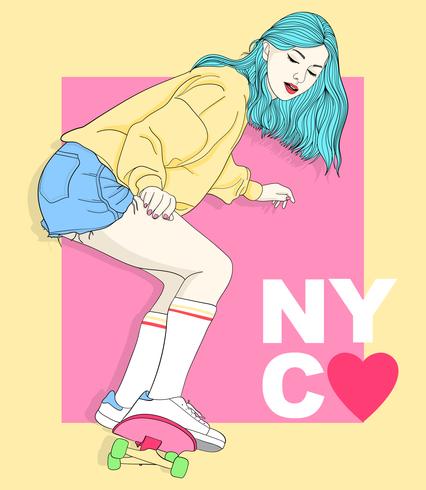 Menina desenhada mão andando de skate com tipografia de Nova York vetor