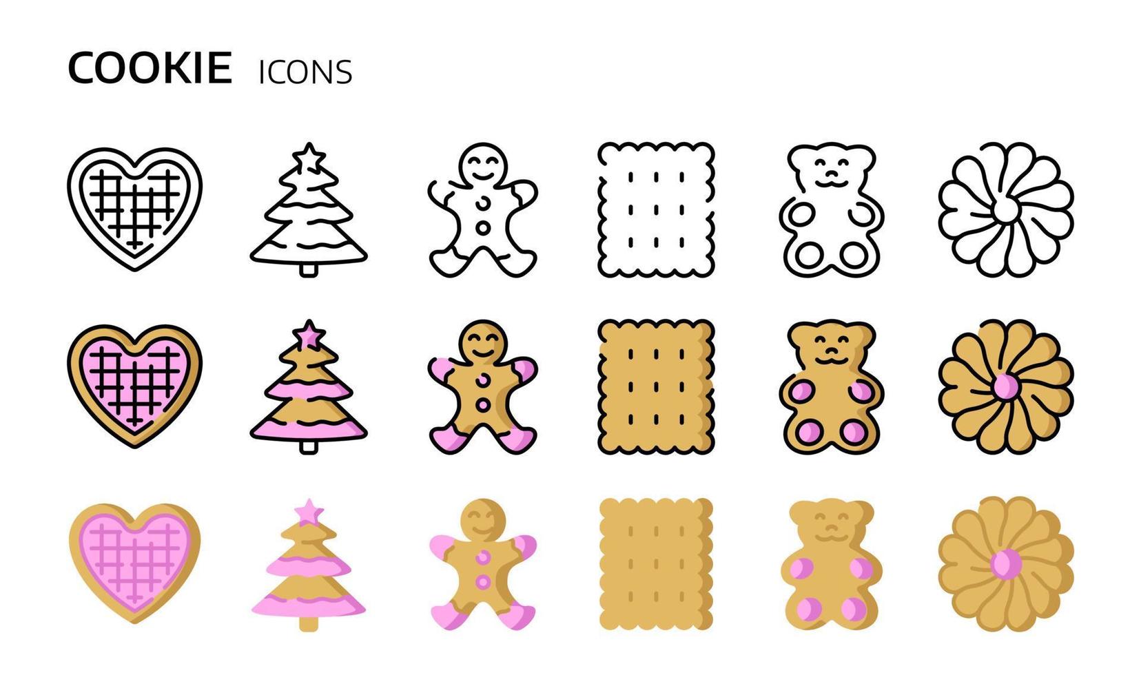 conjunto de ícones de cookies. ilustração de pão de gengibre. símbolos vetoriais em estilo linear e simples. vetor