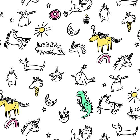 Padrão de animais de festa mão desenhada linha dos desenhos animados vetor