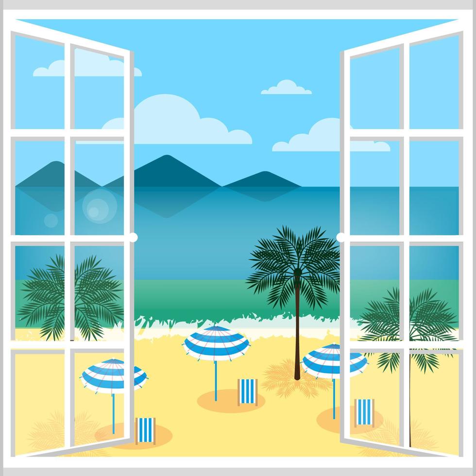 vista de férias de verão da janela do hotel para a praia, espreguiçadeiras à beira-mar e palmeiras, estilo minimalista plano, banner de paisagem marinha, ilustração vetorial vetor
