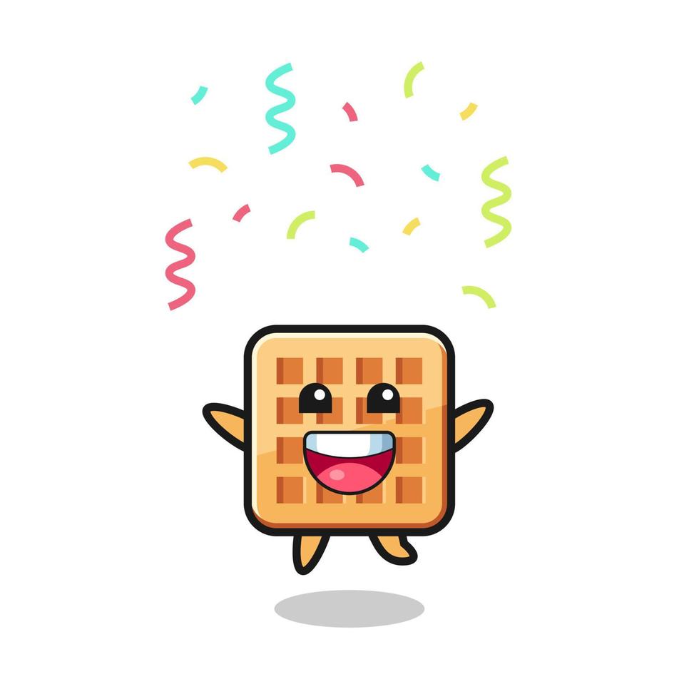 mascote de waffle feliz pulando de parabéns com confete de cor vetor