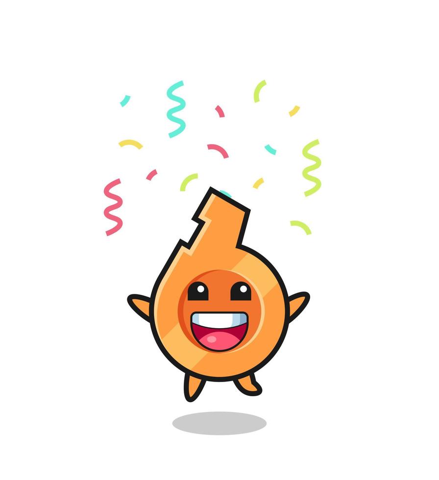 mascote de apito feliz pulando de parabéns com confete de cor vetor