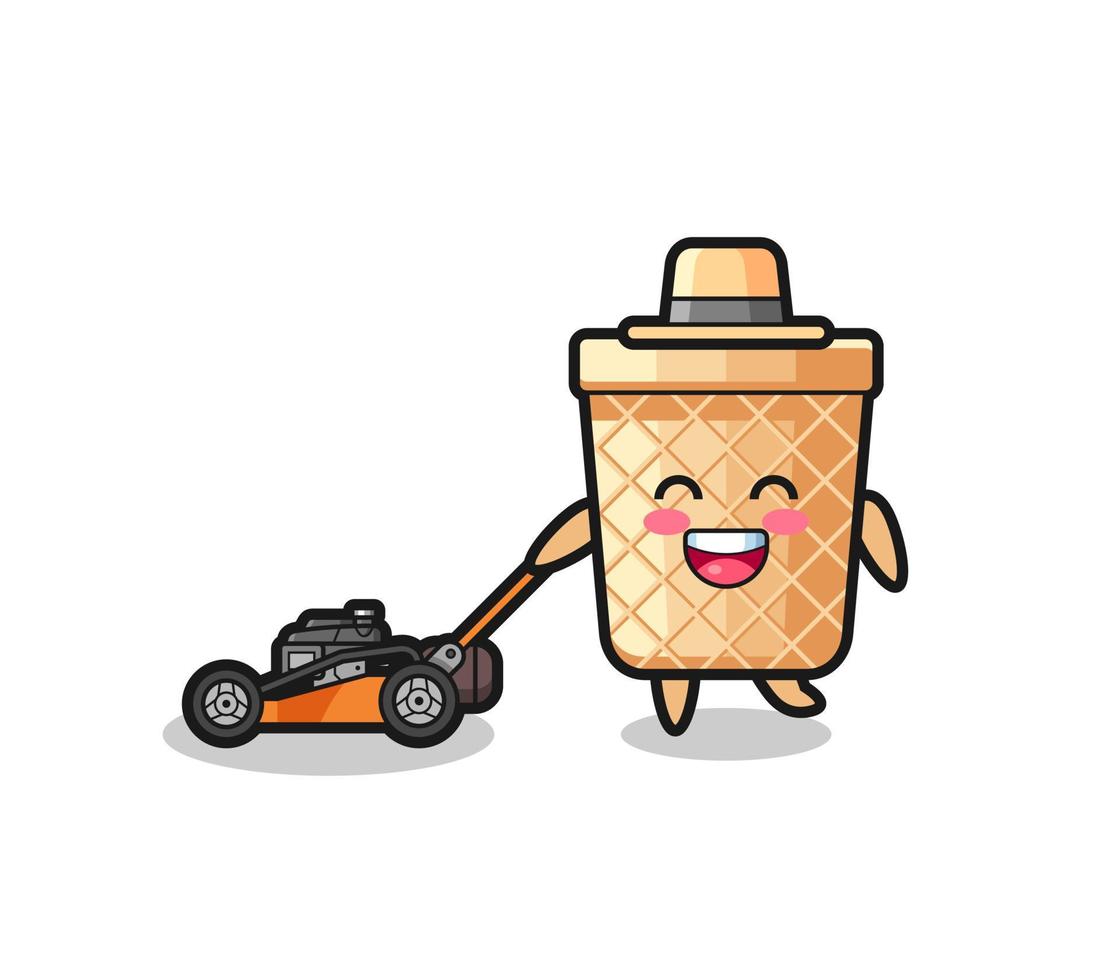 ilustração do personagem de cone de waffle usando cortador de grama vetor
